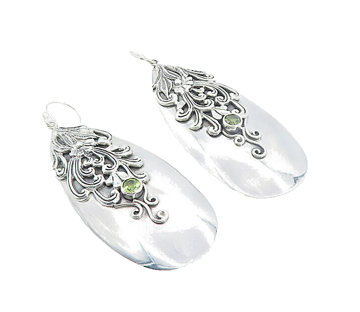 925 Sterling Silver Vintage Peridot Floral Swirl Vine Drop Earrings EG3082
