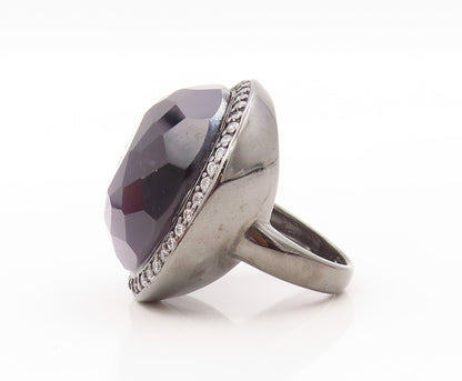 925 Sterling Silver Vintage Ring Large Purple Cat's Eye Halo CZ  SZ 6.5  RG31997