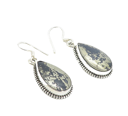 925 Sterling Silver  Vintage Black Onyx With Pyrite Tear Drop Earrings  EG3460