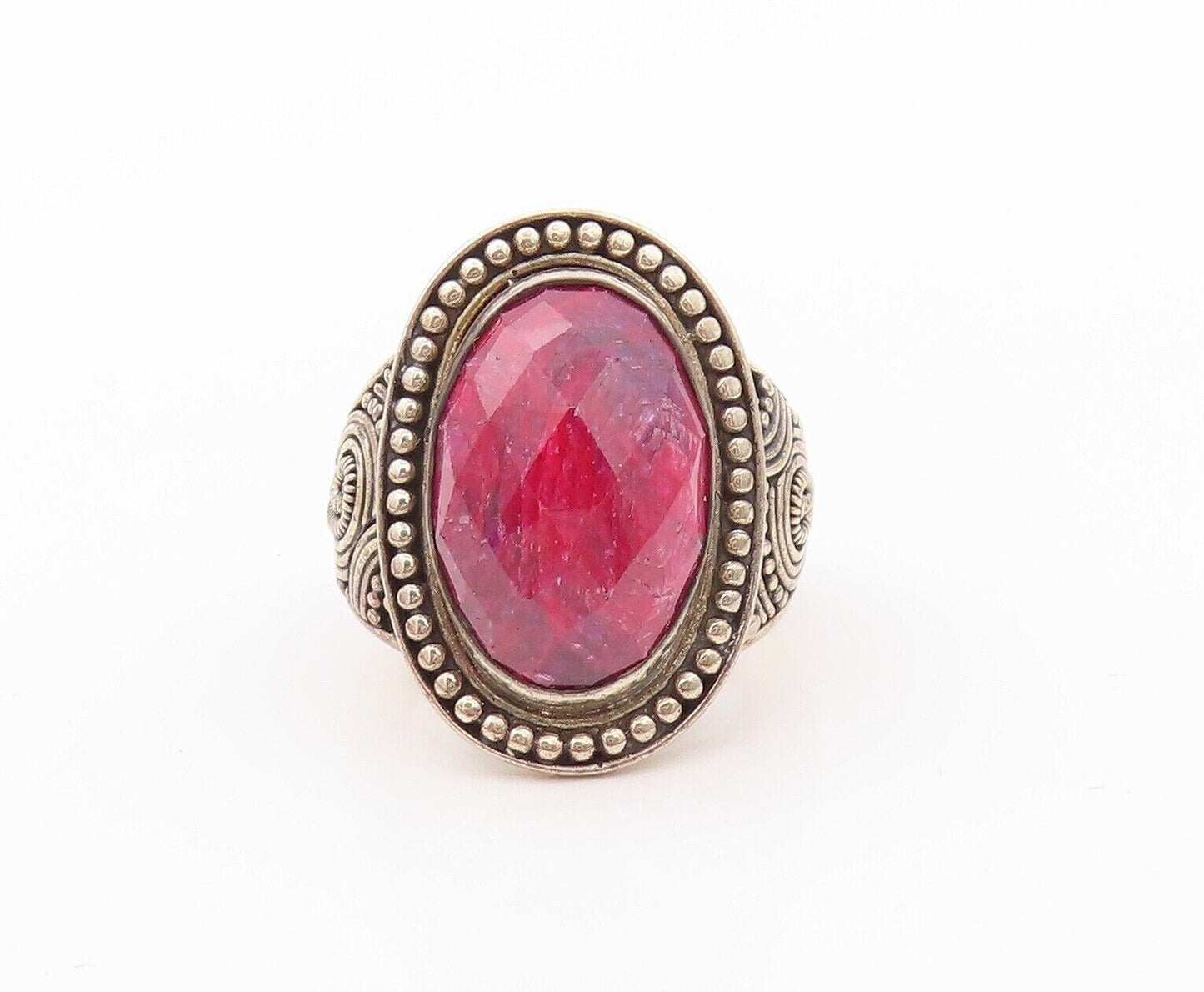 925 Sterling Silver Vintage Ring Oval Red Gemstone Halo Beaded  Sz 8.5  RG30201