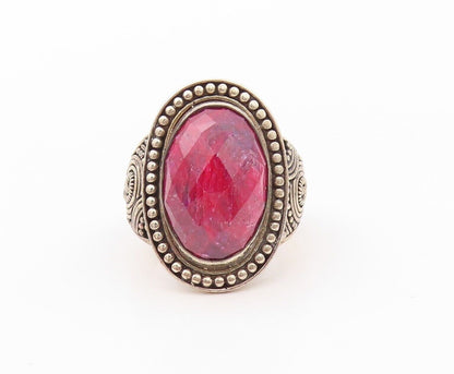 925 Sterling Silver Vintage Ring Oval Red Gemstone Halo Beaded  Sz 8.5  RG30201
