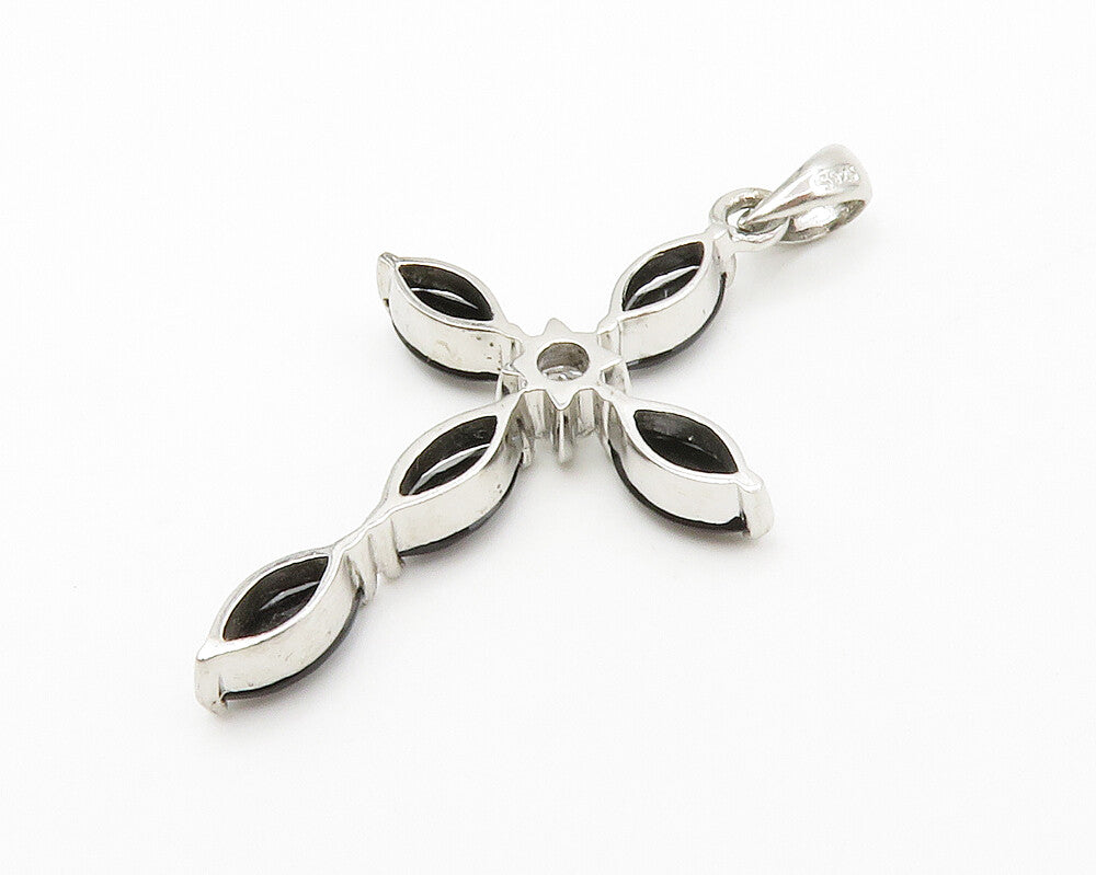 925 Sterling Silver  Hematite & Cubic Zirconia Religious Cross Pendant PT10875