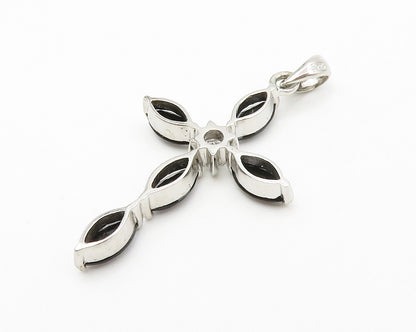 925 Sterling Silver  Hematite & Cubic Zirconia Religious Cross Pendant PT10875