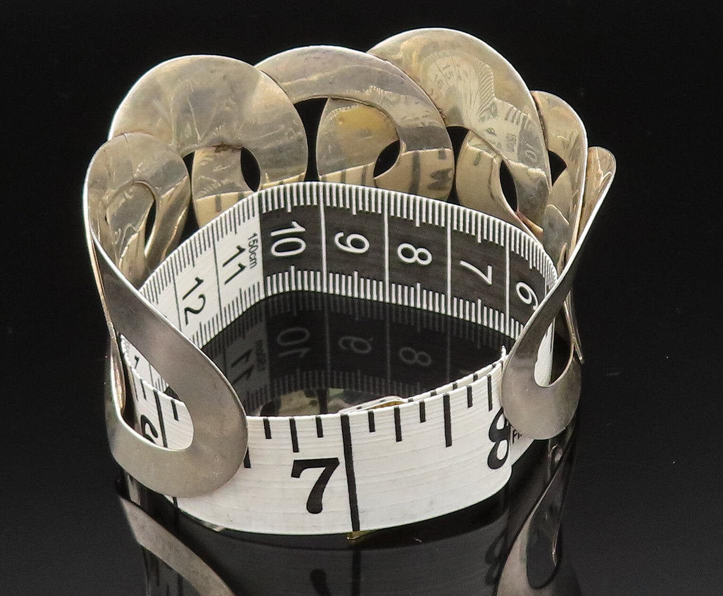 MEXICO 925 Silver Vintage Interlocking Textured Circle Cuff Bracelet BT9536