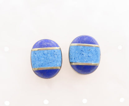 925 Sterling Silver Vintage Earrings MEXICO Oval Inlay Lapis Lazuli   EG13072