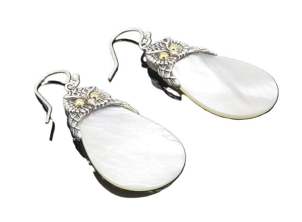 925 Silver & 18K GOLD  Mother Of Pearl Two Tone Owl Dangle Earrings  EG3114