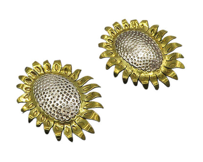 MEXICO 925 Silver  Vintage 2 Tone Sunflower Motif Non Pierce Earrings  EG9199