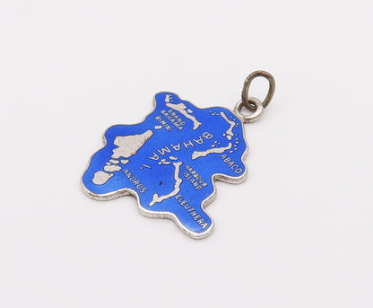 925 Sterling Silver  Vintage Blue Souvenir Bahama Cutout Map Pendant  PT22034
