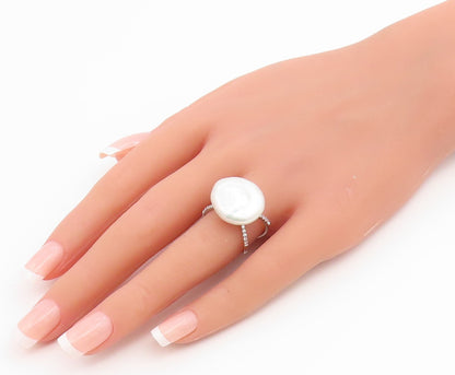 925 Sterling Silver Vintage Ring Modernist Pearl Split Shank  Sz 6.5  RG36744