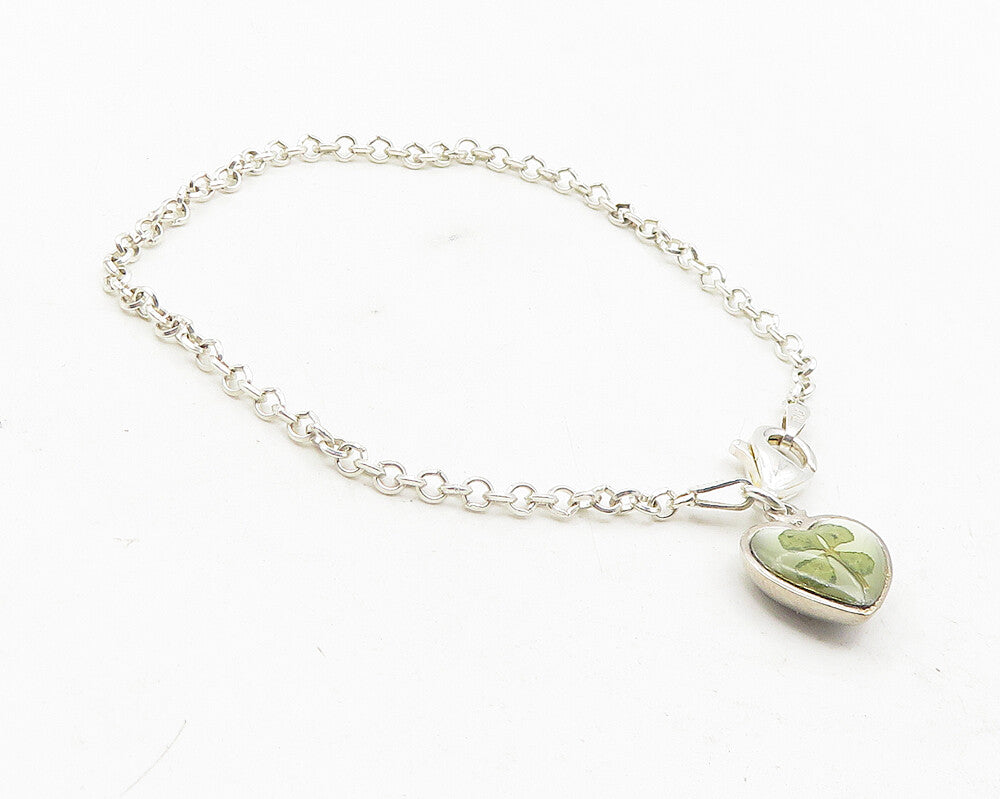 925 Silver  Vintage Topaz & Mother Of Pearl Clover Heart Chain Bracelet BT4595