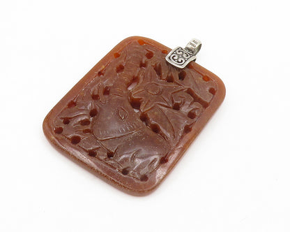 925 Sterling Silver  Vintage Elephant Scene Carved Red Jade Pendant  PT10663