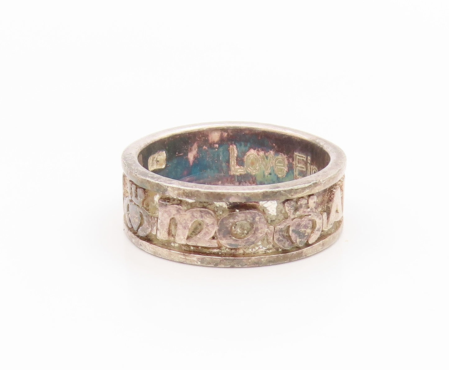 925 Sterling Silver Vintage Ring Embossed Text Statement Band  Sz 6  RG34508