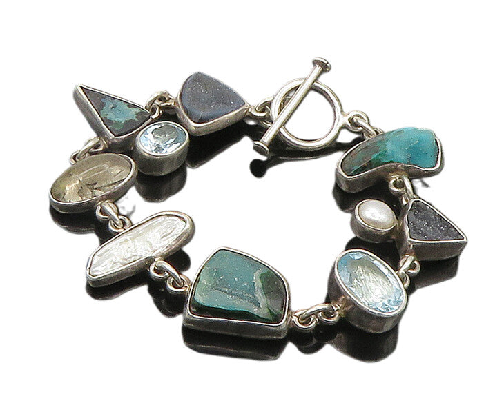 925 Silver Vintage Pearl Quartz Topaz & Multi Stone Chain Bracelet BT7697