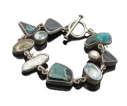 925 Silver Vintage Pearl Quartz Topaz & Multi Stone Chain Bracelet BT7697