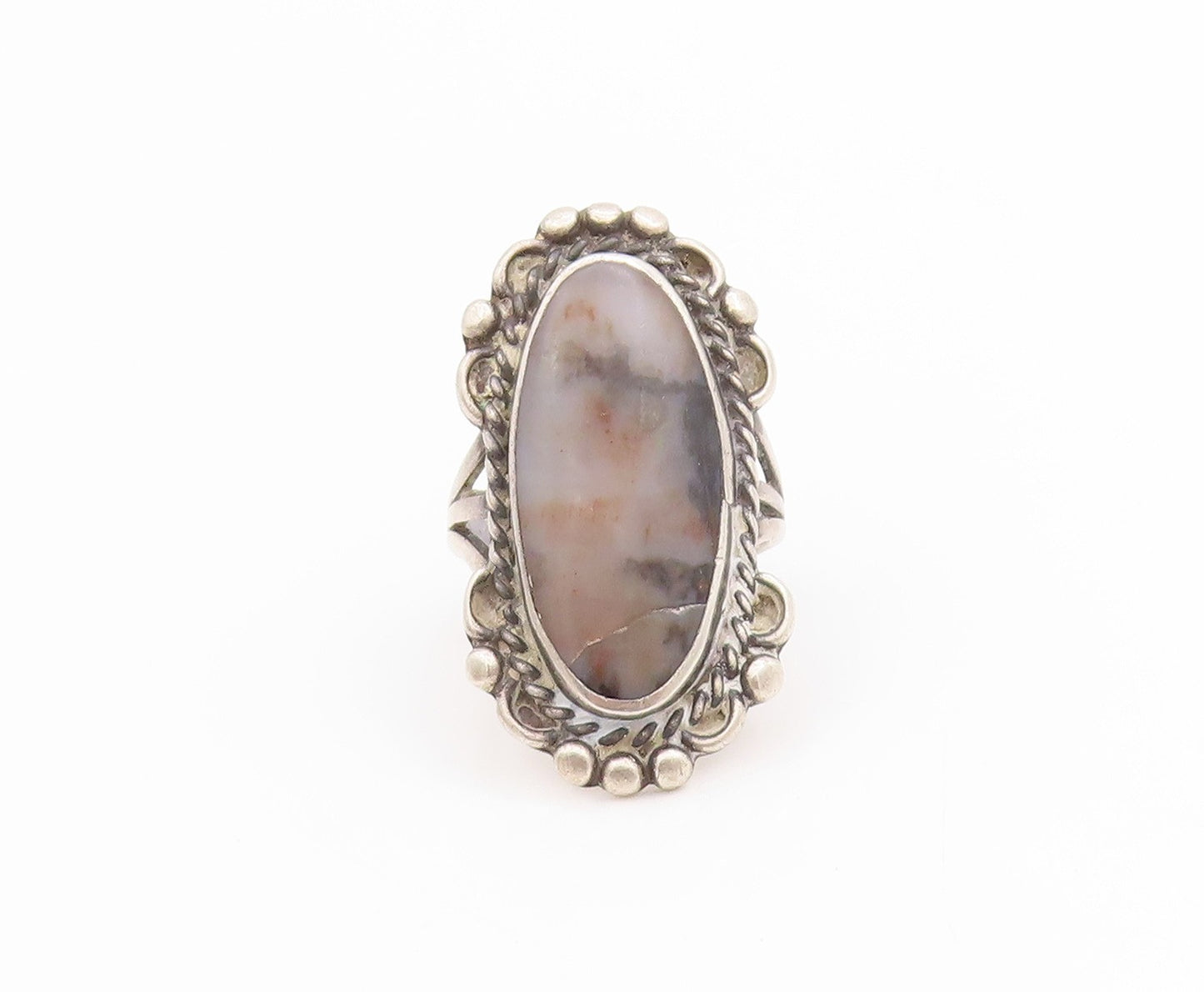 925 Sterling Silver Vintage Ring NAVAJO Oval Cabochon Agate Band Sz 6.5  RG33517