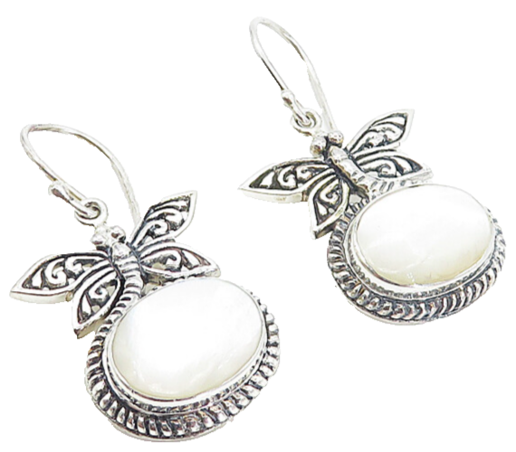 925 Sterling Silver  Mother Of Pearl Dragonfly Twist Dangle Earrings  EG3239