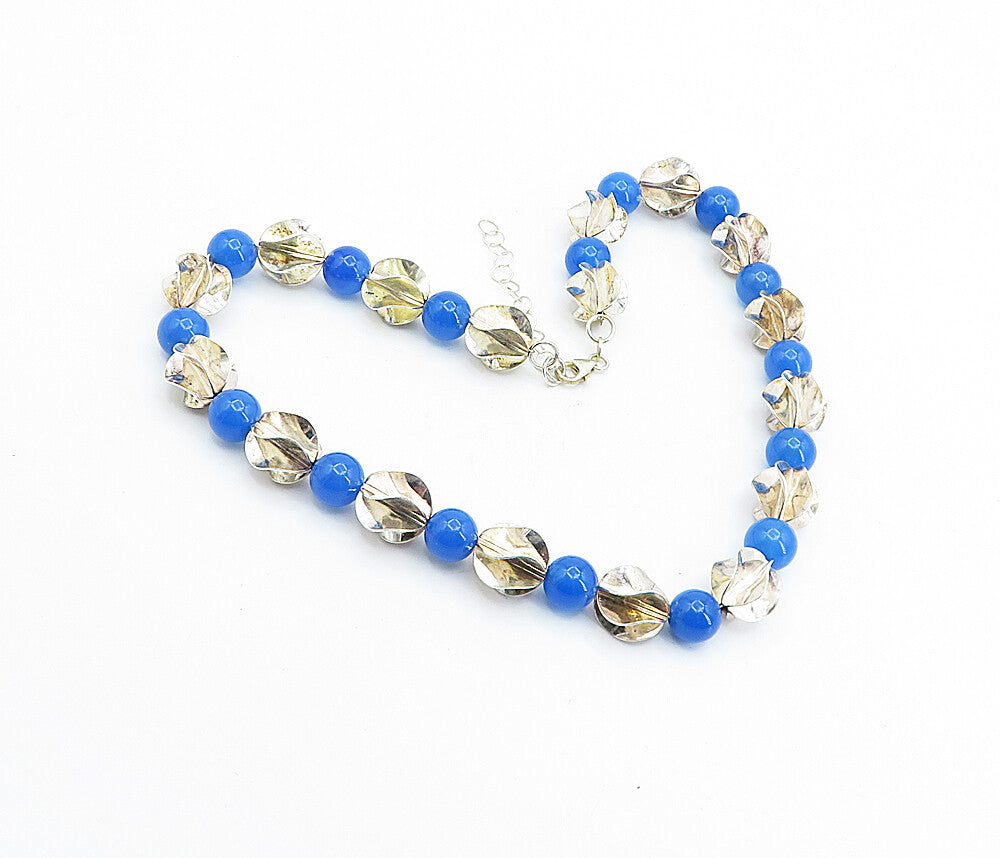 925 Sterling Silver  Vintage Blue Chalcedony Beaded Chain Necklace  NE1190