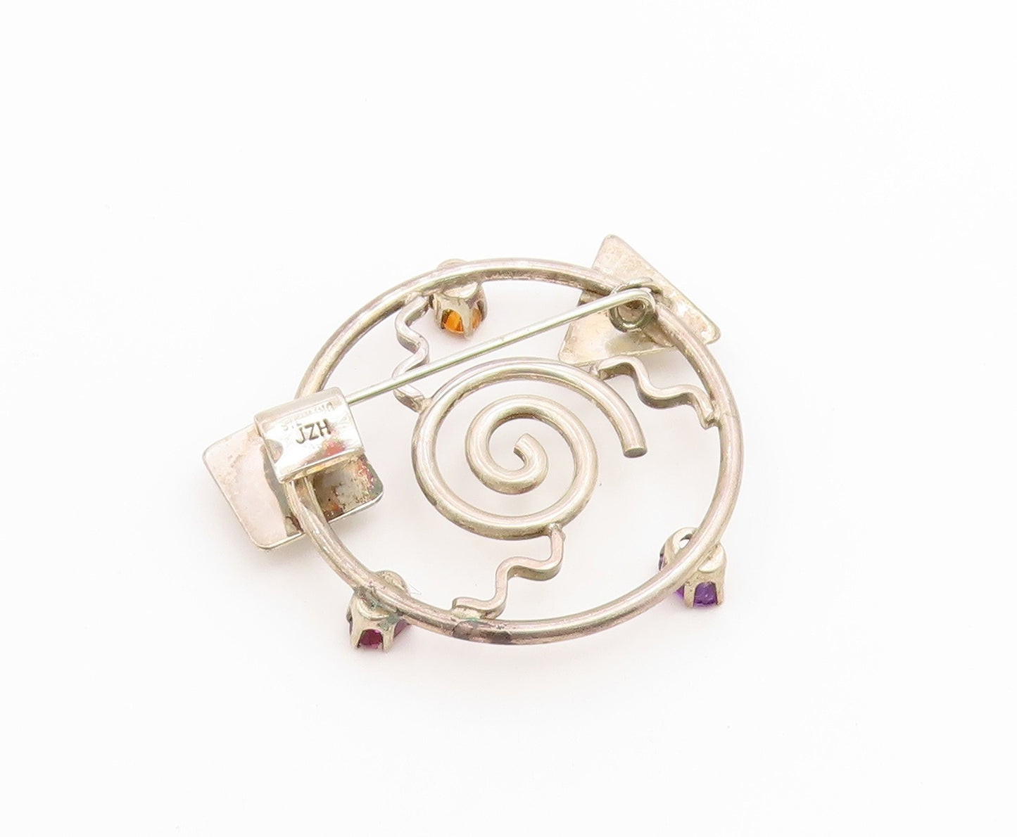 925 Sterling Silver Vintage Brooch Pin Multi Gemstone Geometric Galaxy  BP12649