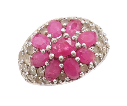 925 Sterling Silver Vintage Ring Designer Ruby & Topaz Flower  Sz 7  RG31663
