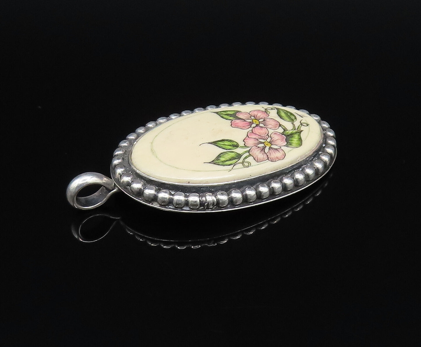 NAVAJO 925 Silver  Vintage Beaded Edge Floral Enamel Art Drop Pendant  PT21527
