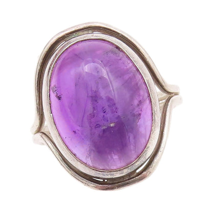 925 Sterling Silver Vintage Ring Large Cabochon Oval Amethyst  Sz 6  RG33089