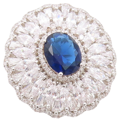 925 Sterling Silver Vintage Ring Sapphire & CZ Floral Inlay  Sz 7.5  RG29808