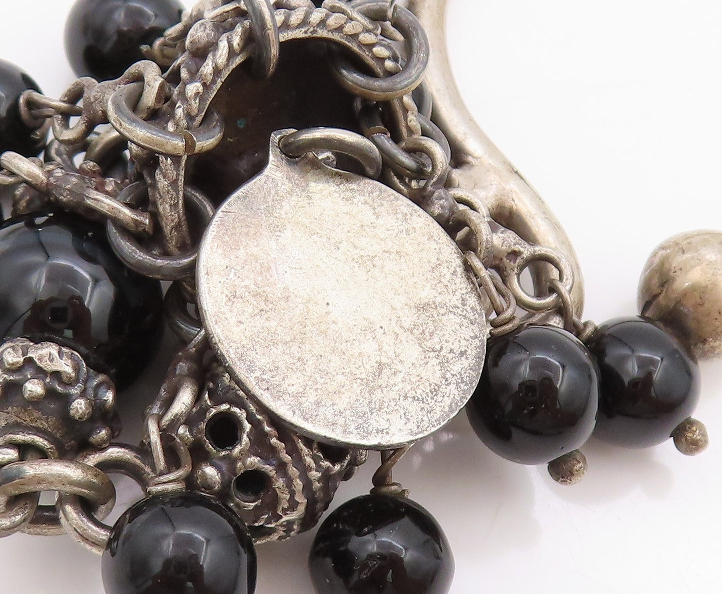 925 Sterling Silver Vintage Key Chain Ethnic Bohemian Black Beaded Design TR3975