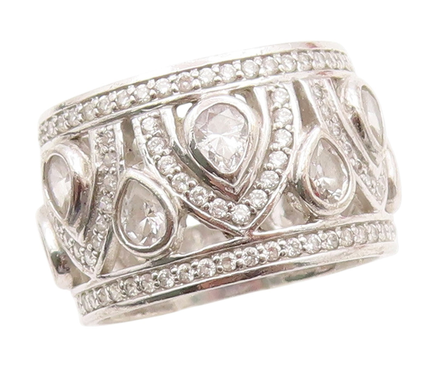 925 Sterling Silver Vintage Ring CZ Intricate Openwork Wide Band  Sz 7  RG34733