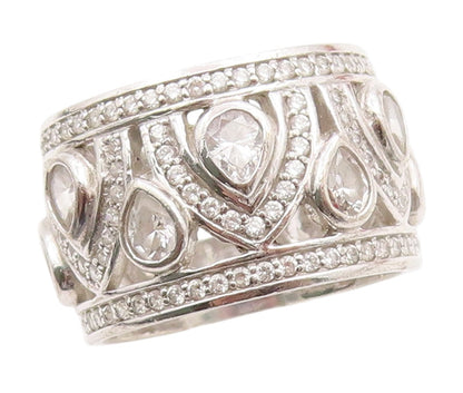 925 Sterling Silver Vintage Ring CZ Intricate Openwork Wide Band  Sz 7  RG34733