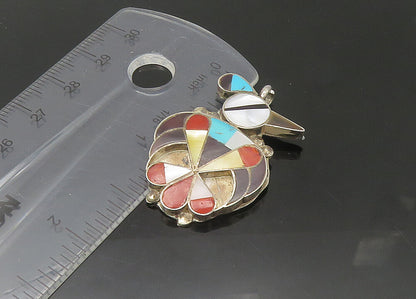 ZUNI NAVAJO 925 Silver Vintage Turquoise & Multi Stone Bird Pendant PT18218