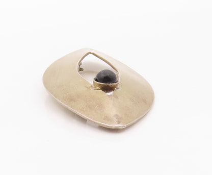 925 Sterling Silver Vintage Brooch Pin MEXICO Round Onyx Modernist Leaf  BP12573