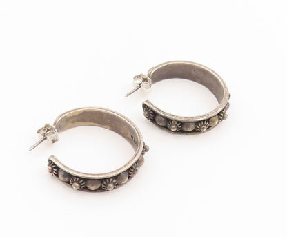 925 Sterling Silver Vintage Earrings MEXICO Classic Floral Beaded Hoops  EG14315