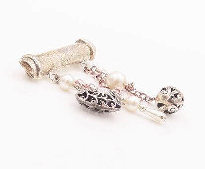 925 Sterling Silver Vintage Brooch Pin Carved Dangling Peal Heart Charms BP10821