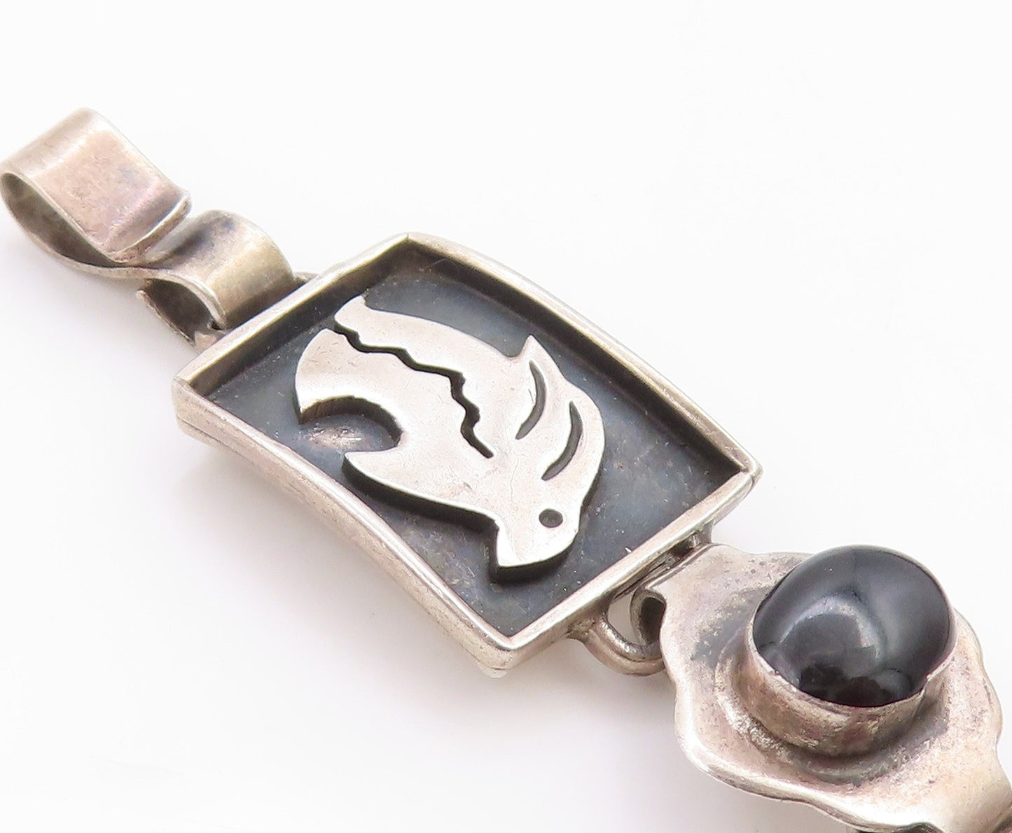 925 Sterling Silver Vintage Bracelet MEXICO Onyx Animals Motif Design  BT11364