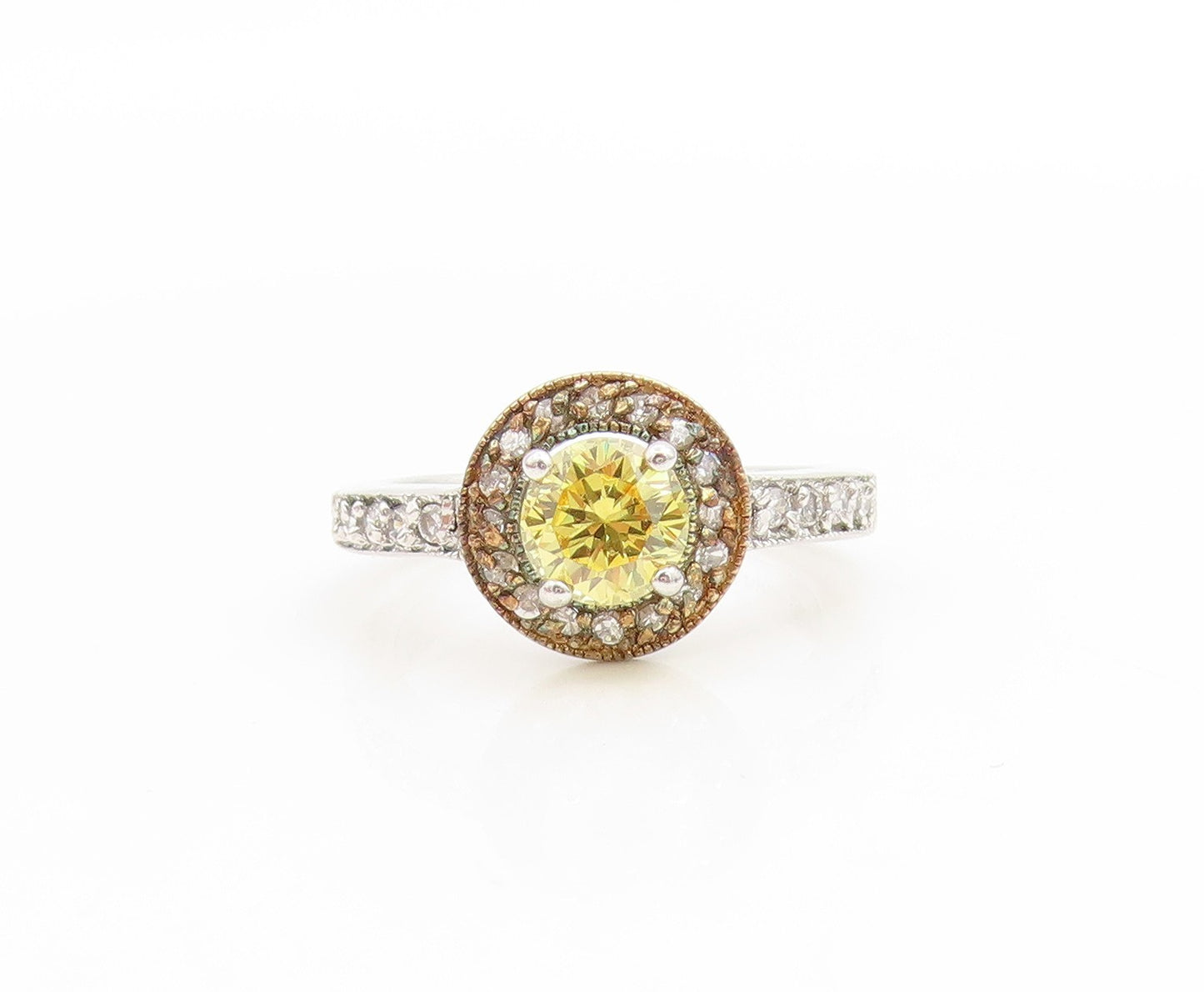 925 Sterling Silver Vintage Ring Round Cut Citrine Halo CZ Band  Sz 7  RG35967