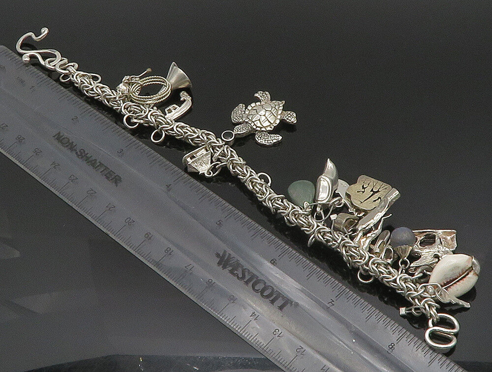LIZ RON 925 Silver  Vintage Turtle Bear Paw & Multi Charm Bracelet  BT9392