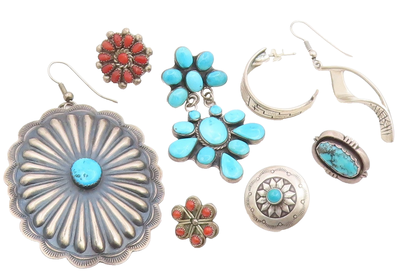 925 Sterling Silver Vintage Earrings NAVAJO ZUNI Gemstone Single Lot EG14306