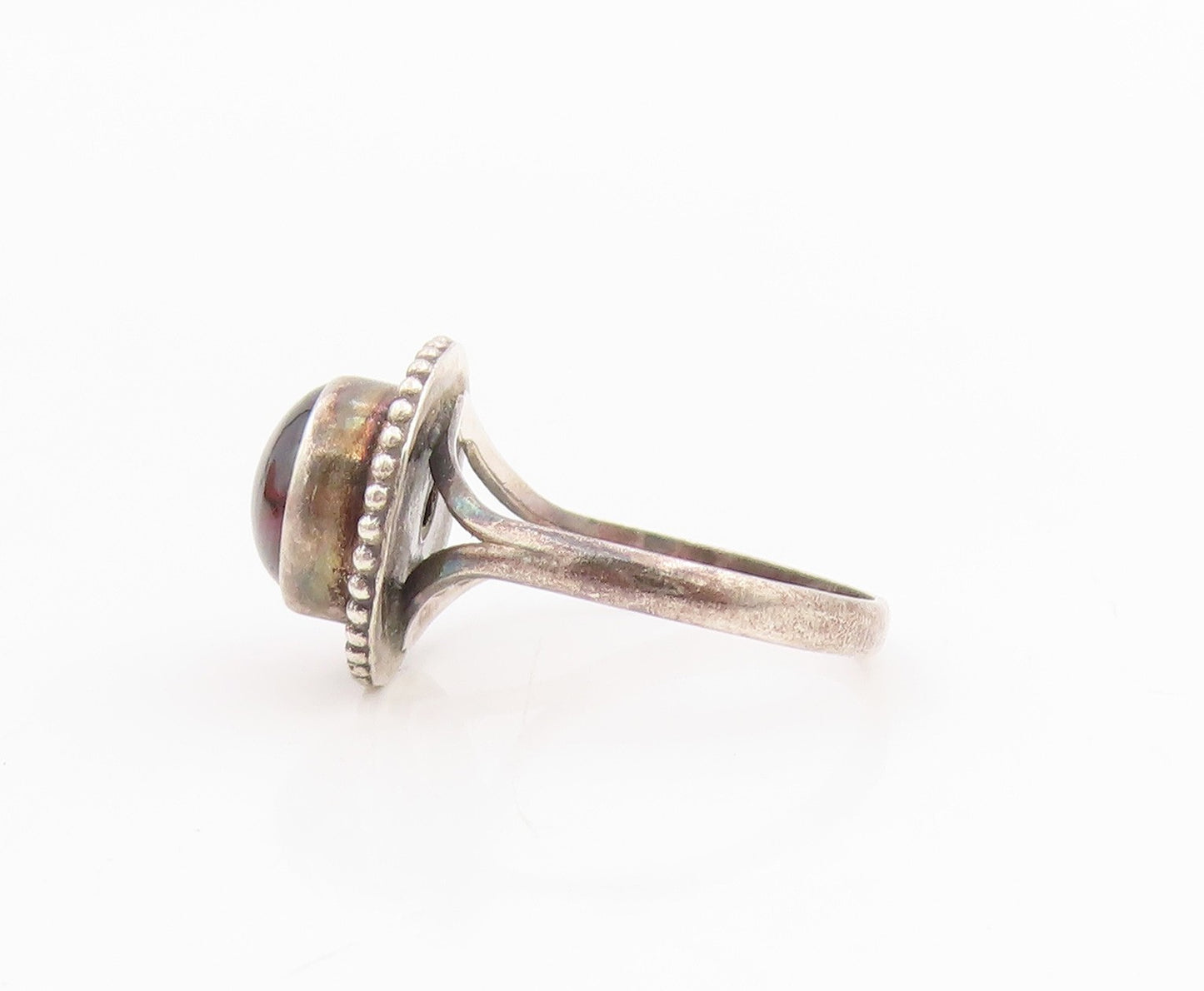 925 Sterling Silver Vintage Ring Cabochon Garnet Halo Rope Border Sz 5.5 RG34816