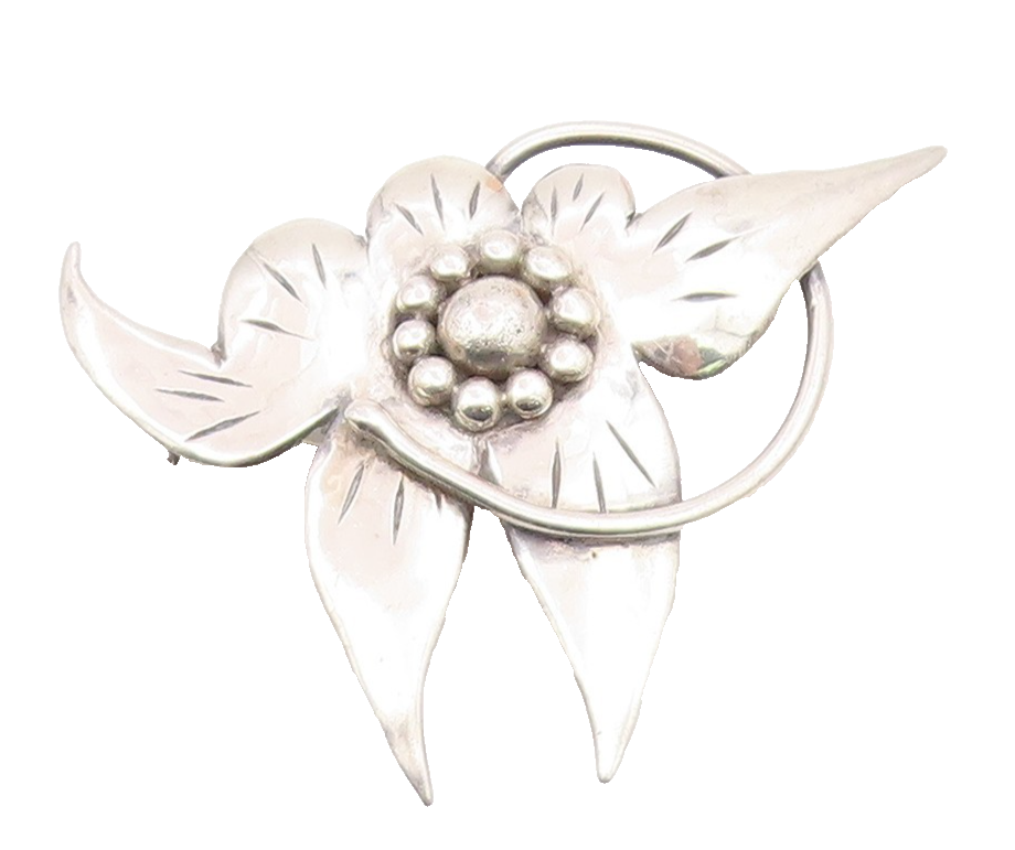925 Sterling Silver  Vintage Stem Wrapped Etched Flower Brooch Pin  BP10106