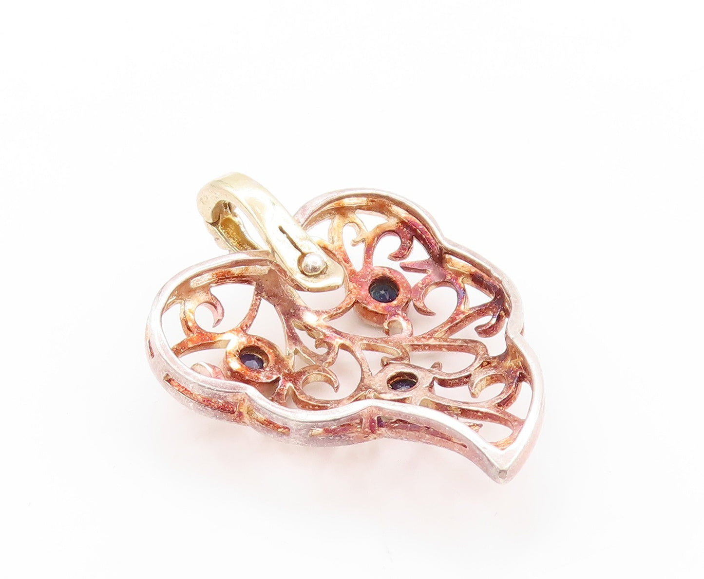 925 Sterling Silver Vintage Pendant Sapphire Swirly Heart Shape Leaf  PT24155