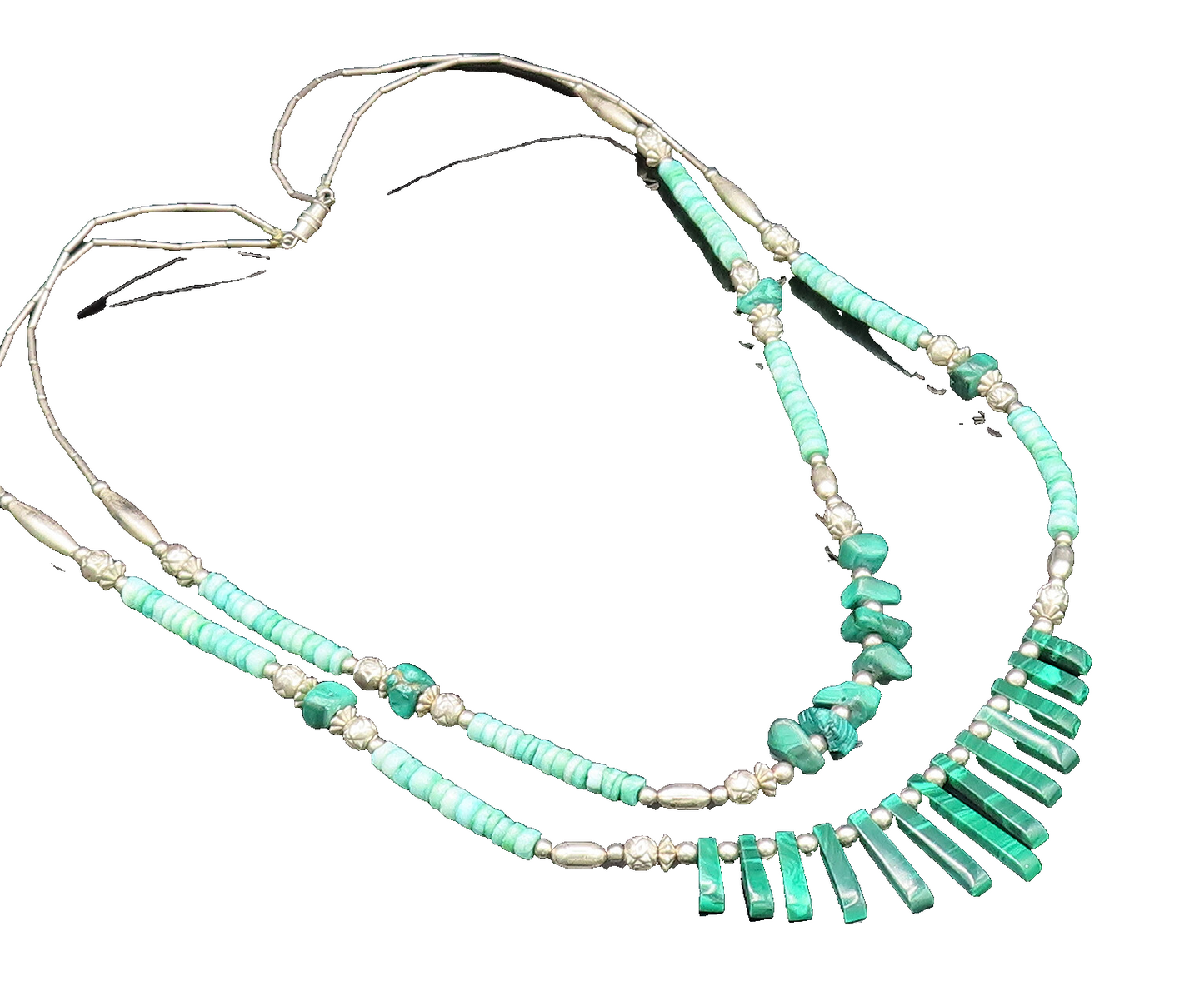 925 Silver  Vintage Two Strand Malachite & Floral Beads Necklace  NE4012