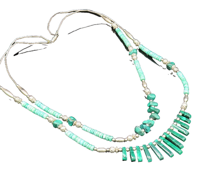 925 Silver  Vintage Two Strand Malachite & Floral Beads Necklace  NE4012