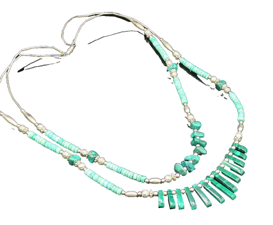 925 Silver  Vintage Two Strand Malachite & Floral Beads Necklace  NE4012