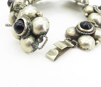 MEXICO 925 Silver  Vintage Antique Garnet Floral Twist Chain Bracelet  BT3554