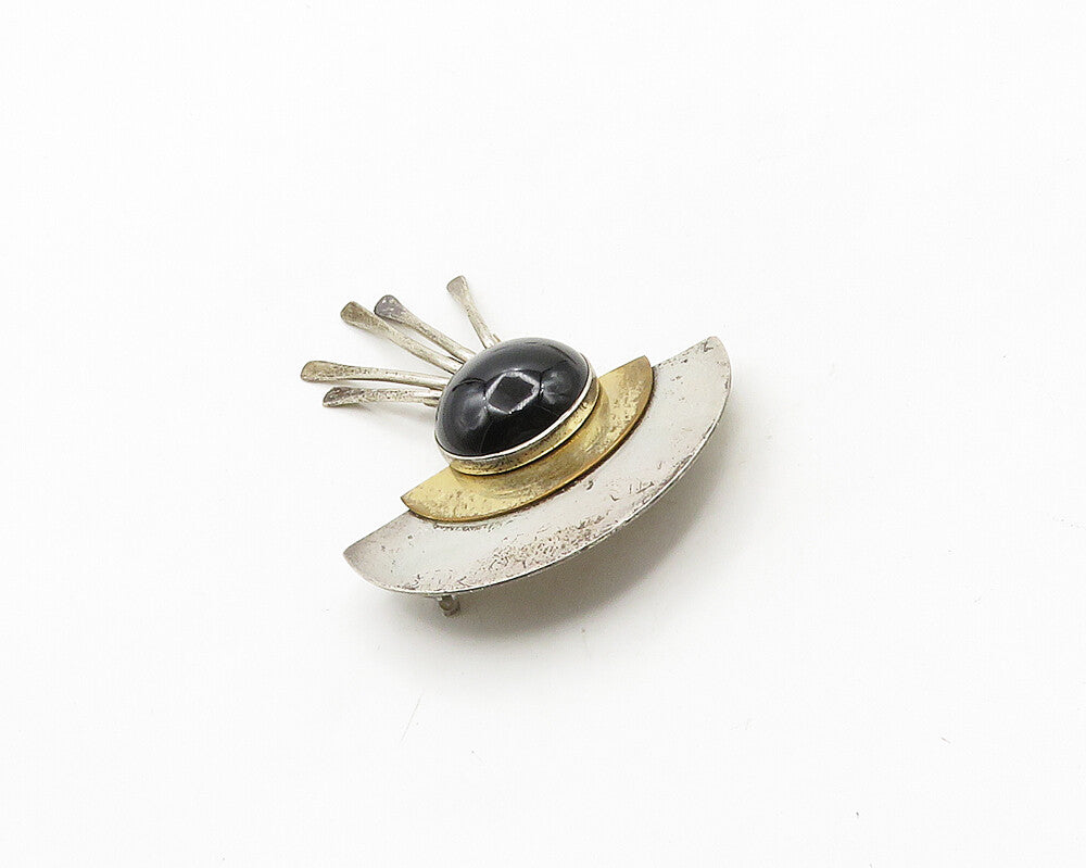 DESIGNER 925 Silver  Vintage Cabochon Cut Black Onyx 2 Tone Brooch Pin  BP7693