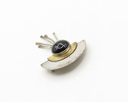 DESIGNER 925 Silver  Vintage Cabochon Cut Black Onyx 2 Tone Brooch Pin  BP7693