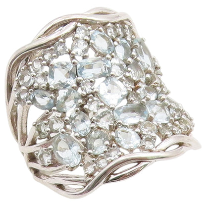 925 Sterling Silver Vintage Ring Aquamarine Cluster Statement Band Sz 12 RG36739