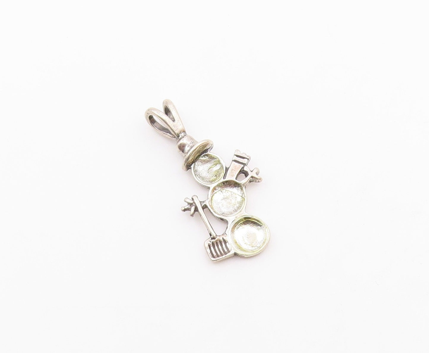 925 Sterling Silver  Vintage Shiny Winter Snowman With Shovel Pendant  PT17384