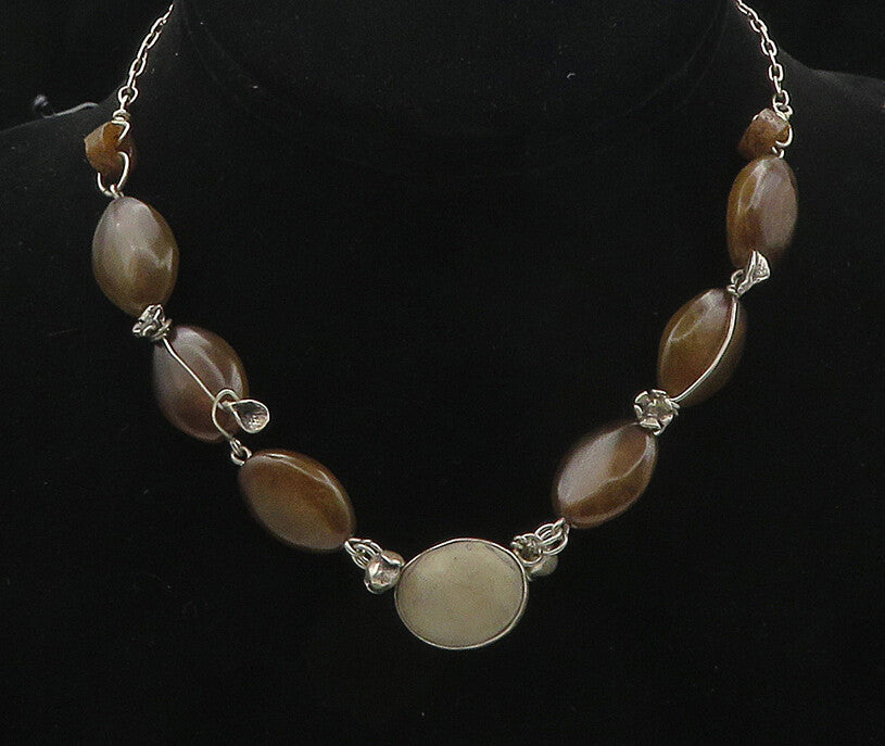925 Sterling Silver  Vintage Smooth Brown Agate Chain Necklace  NE2876