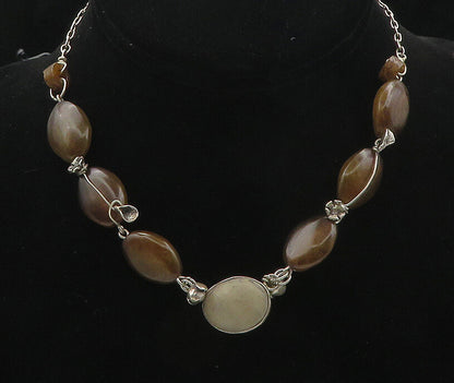 925 Sterling Silver  Vintage Smooth Brown Agate Chain Necklace  NE2876